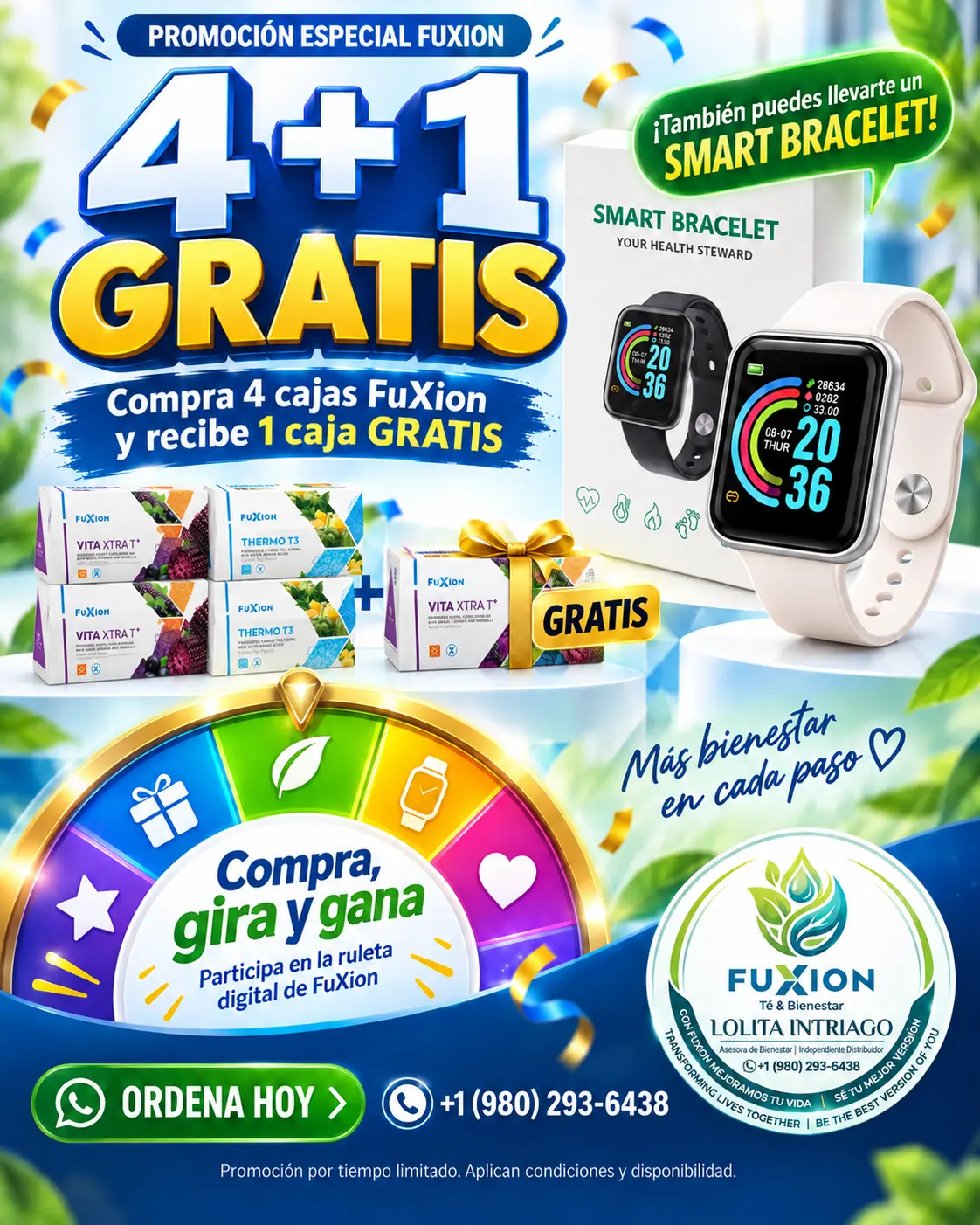 Promoción especial FuXion: compra 4 cajas, recibe 1 caja gratis, opción de Smart Bracelet y participación en la ruleta Gira y Gana